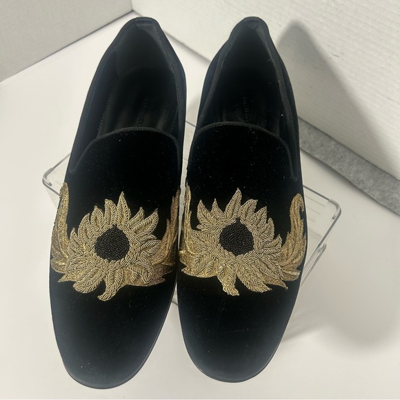 Alexander McQueen Italy Black Velvet Holiday Party Loafers Gold Embroidery